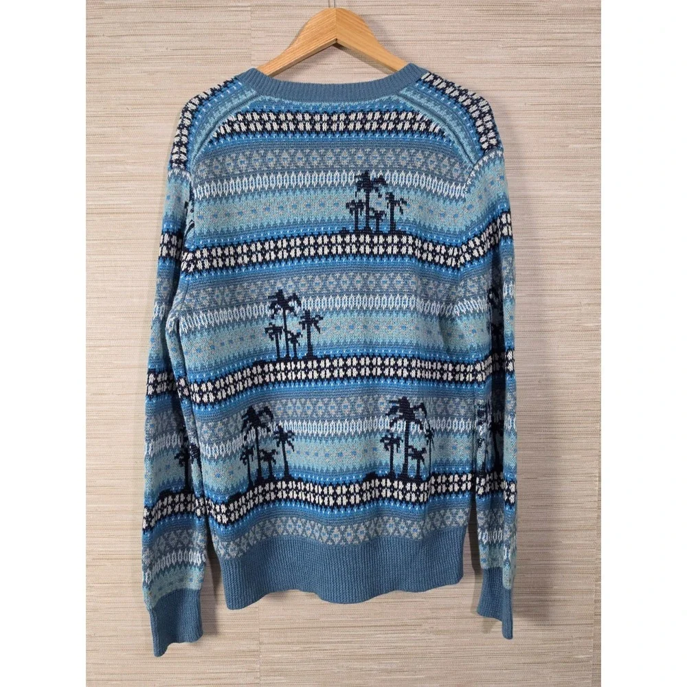 J.Crew Palm Tree Fair Isle Cardigan Sweater Mens Medium Blue Linen Blend Knit